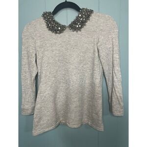 Women's Gray Embellished Beaded Collar Crewneck Sweatshirt Pullover XS